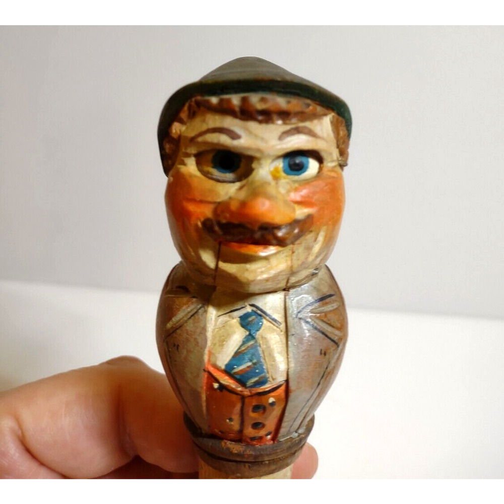 ANRI Mechanical Alpine Man Bottle Stopper Wood Hand Carved Puppet Barware Cork
